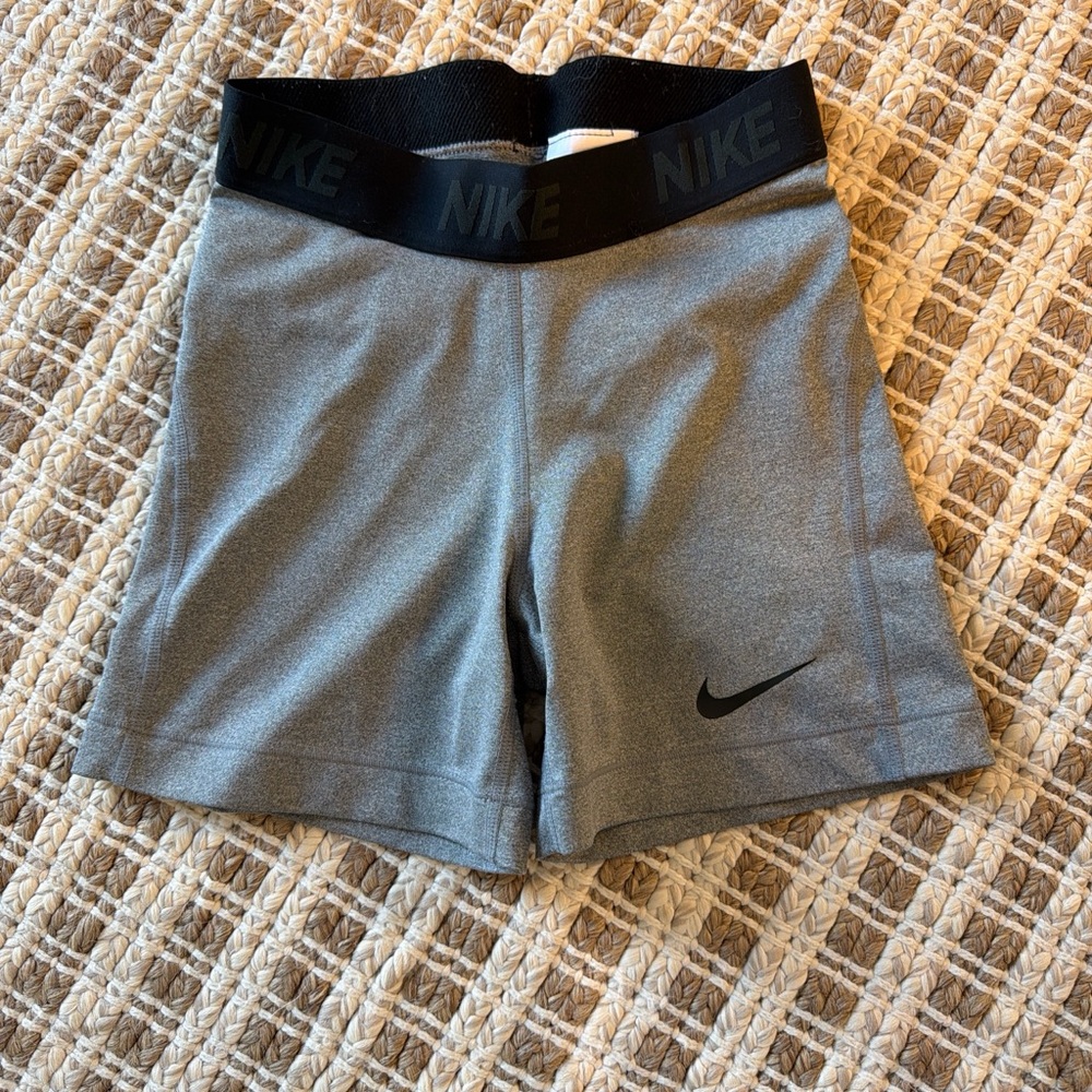 Nike Women's Gray Bike Shorts with Black Elastic Logo Waistband